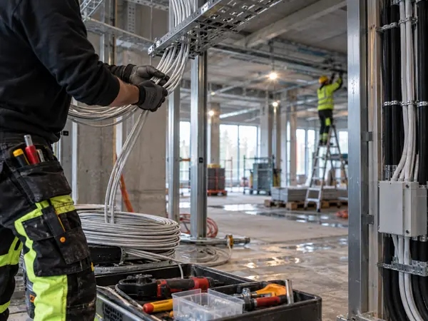 Asentaja vetää kaapeleita liiketilan rakennustyömaalla