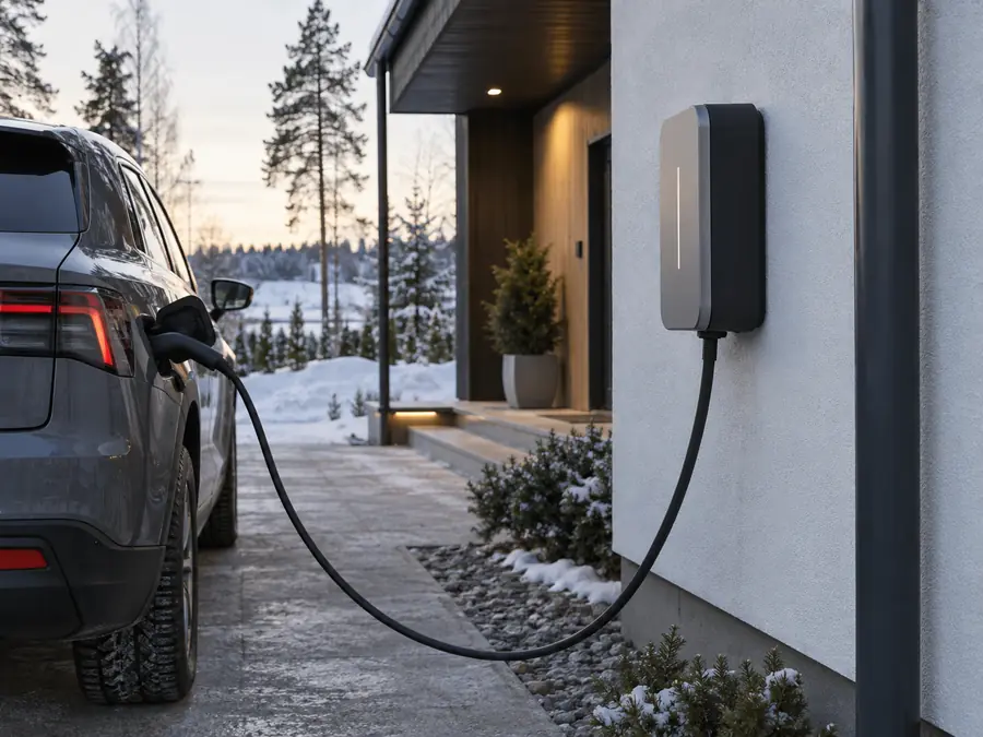 Sähköauto latautumassa omakotitalon seinälaturissa